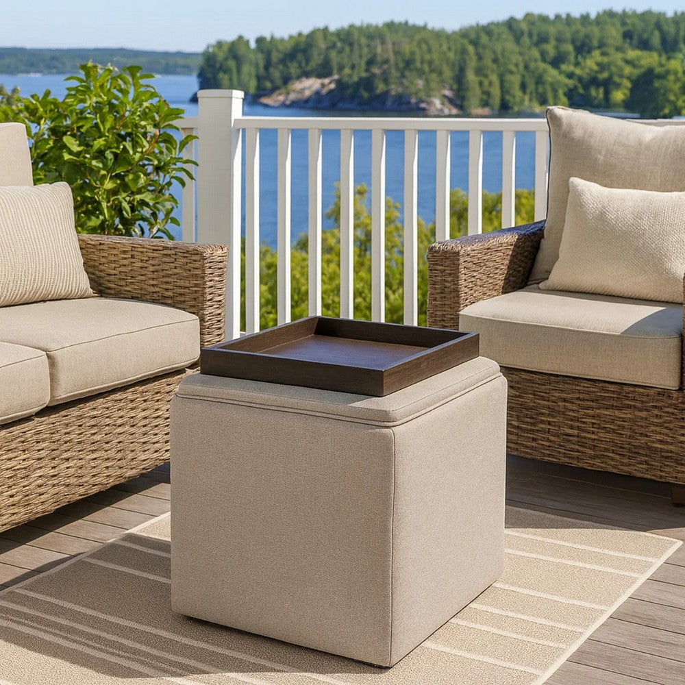 Soa Storage Ottoman, 18 Inch Square Tray Top, Light Brown Woven Fabric -BM334050