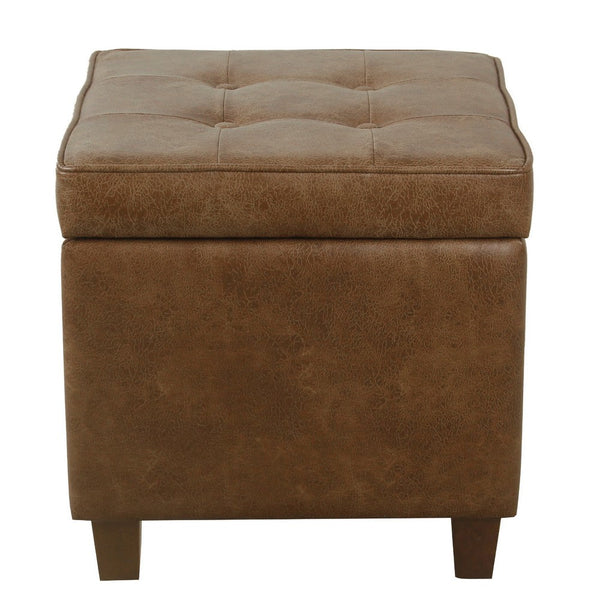 Hery Storage Ottoman, 18 Inch Square Tray Top, Brown Faux Leather -BM334052
