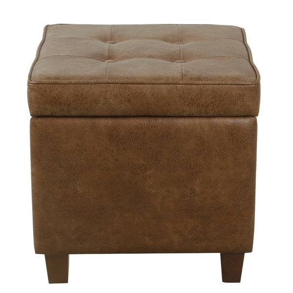 Hery Storage Ottoman, 18 Inch Square Tray Top, Brown Faux Leather -BM334052
