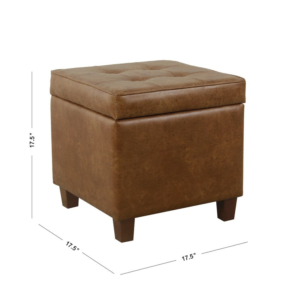 Hery Storage Ottoman, 18 Inch Square Tray Top, Brown Faux Leather -BM334052