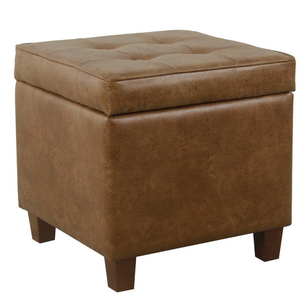 Hery Storage Ottoman, 18 Inch Square Tray Top, Brown Faux Leather -BM334052
