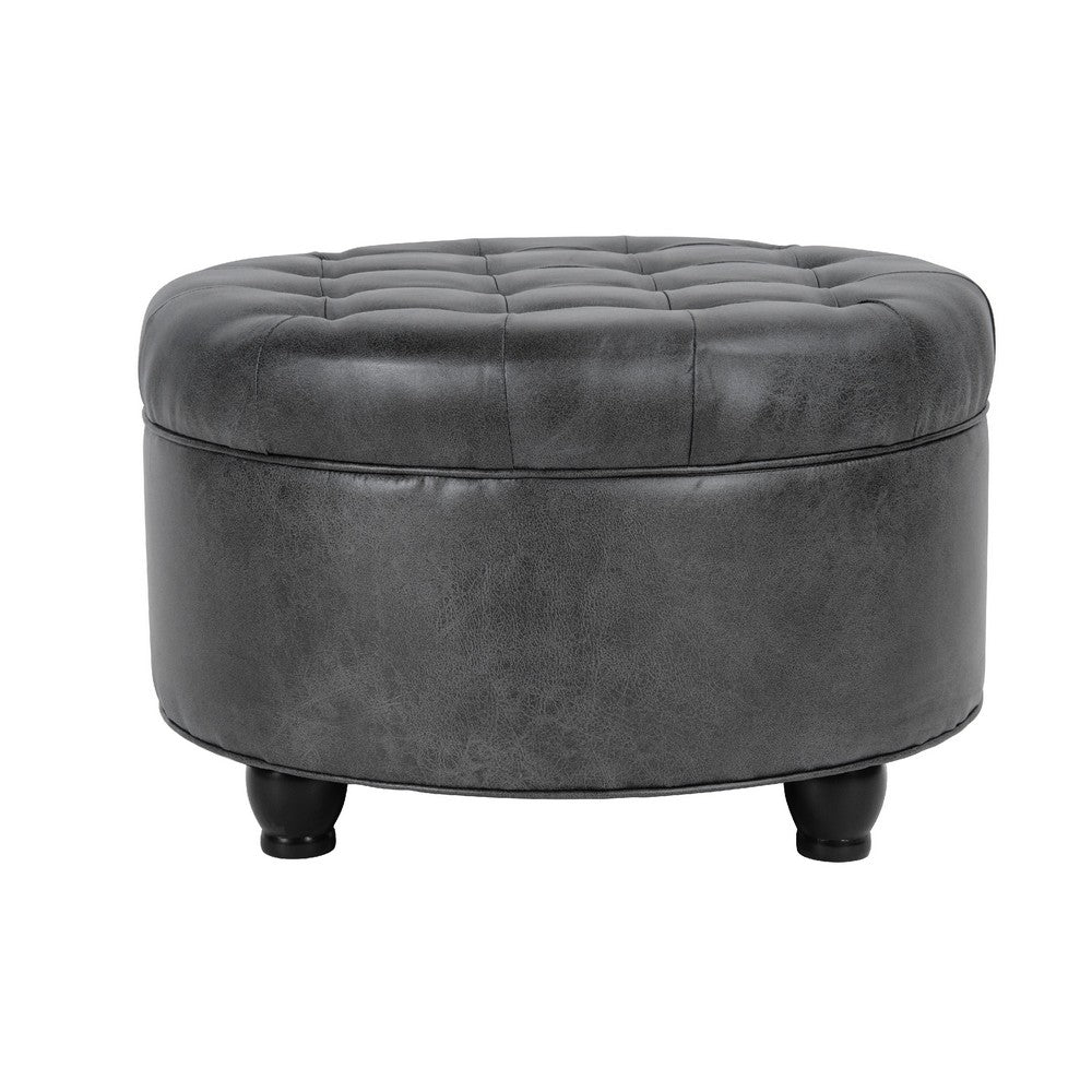 Gery Storage Ottoman, 25 Inch Round Tray Top, Dark Gray Faux Leather -BM334053