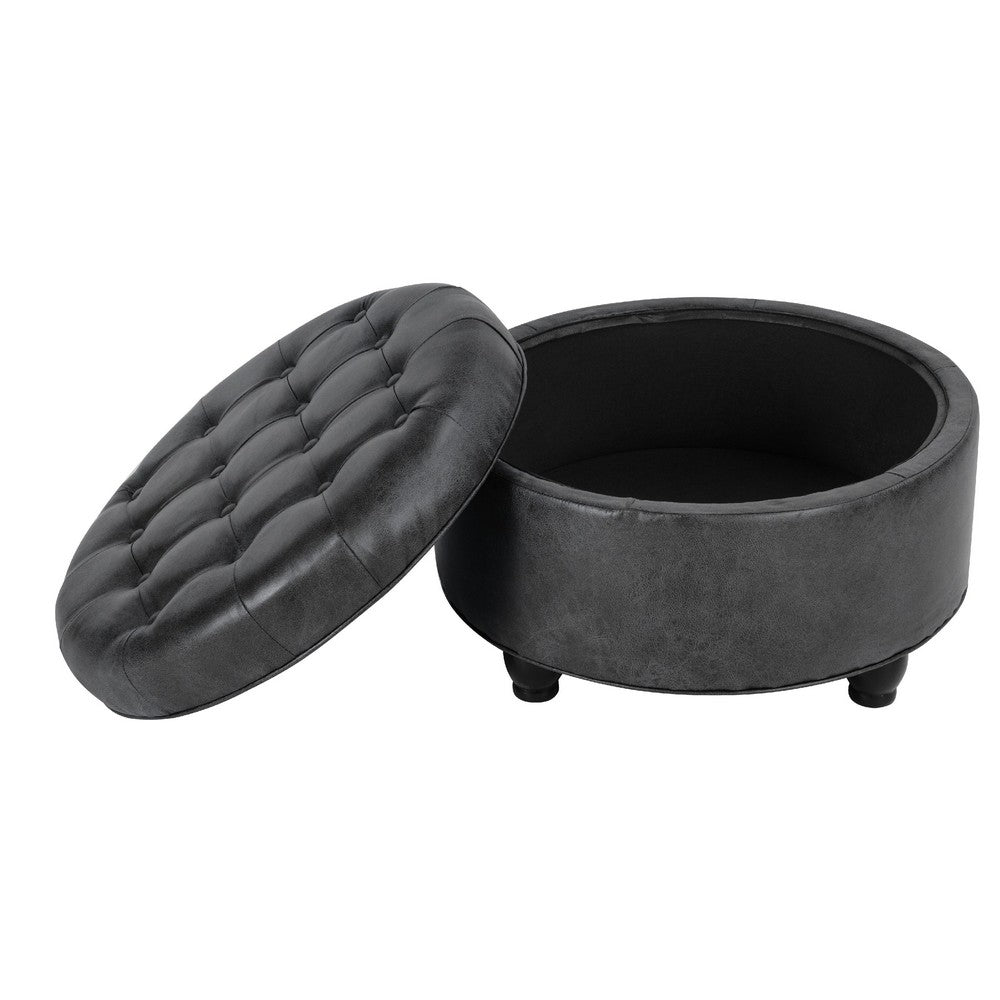 Gery Storage Ottoman, 25 Inch Round Tray Top, Dark Gray Faux Leather -BM334053