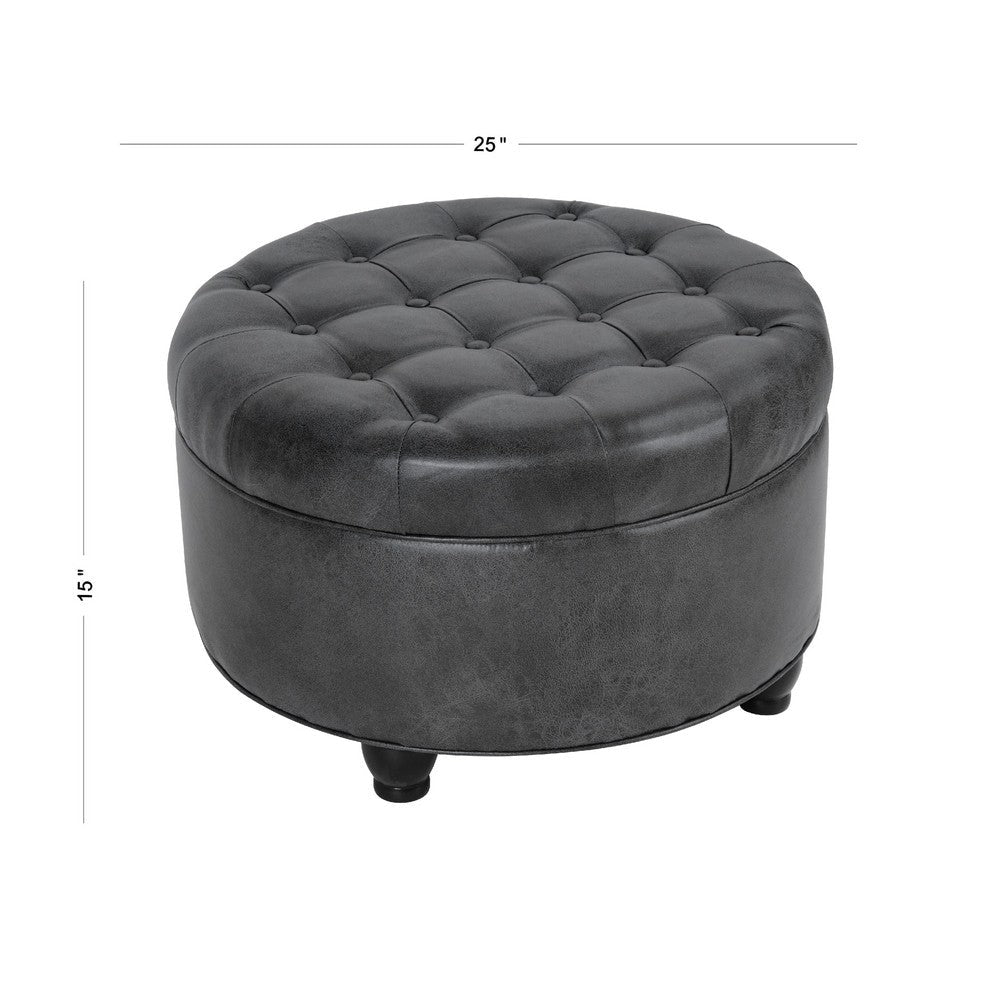 Gery Storage Ottoman, 25 Inch Round Tray Top, Dark Gray Faux Leather -BM334053