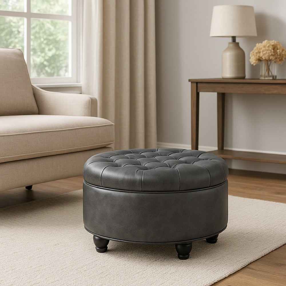 Gery Storage Ottoman, 25 Inch Round Tray Top, Dark Gray Faux Leather -BM334053