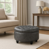 Gery Storage Ottoman, 25 Inch Round Tray Top, Dark Gray Faux Leather -BM334053