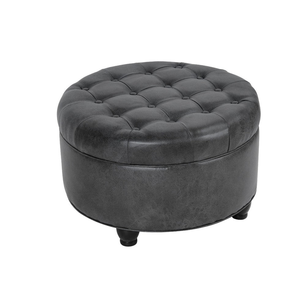 Gery Storage Ottoman, 25 Inch Round Tray Top, Dark Gray Faux Leather -BM334053