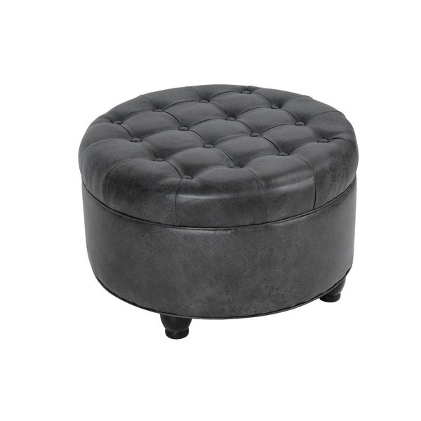 Gery Storage Ottoman, 25 Inch Round Tray Top, Dark Gray Faux Leather -BM334053