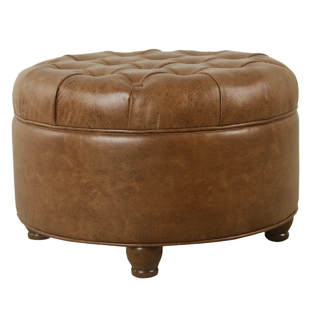 Gery Accent Storage Ottoman, 25 Inch Round Tray Top Brown Faux Leather -BM334054