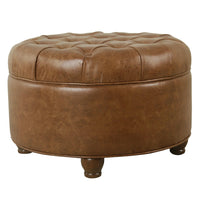 Gery Accent Storage Ottoman, 25 Inch Round Tray Top Brown Faux Leather -BM334054