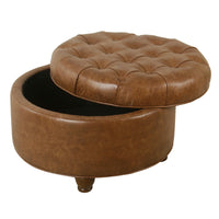 Gery Accent Storage Ottoman, 25 Inch Round Tray Top Brown Faux Leather -BM334054