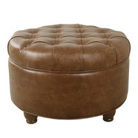 Gery Accent Storage Ottoman, 25 Inch Round Tray Top Brown Faux Leather -BM334054