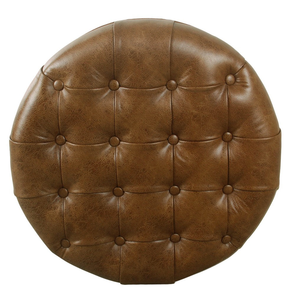 Gery Accent Storage Ottoman, 25 Inch Round Tray Top Brown Faux Leather -BM334054
