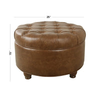 Gery Accent Storage Ottoman, 25 Inch Round Tray Top Brown Faux Leather -BM334054