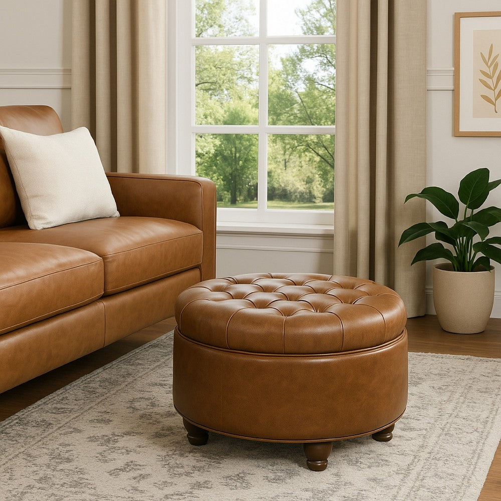 Gery Accent Storage Ottoman, 25 Inch Round Tray Top Brown Faux Leather -BM334054