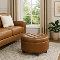 Gery Accent Storage Ottoman, 25 Inch Round Tray Top Brown Faux Leather -BM334054