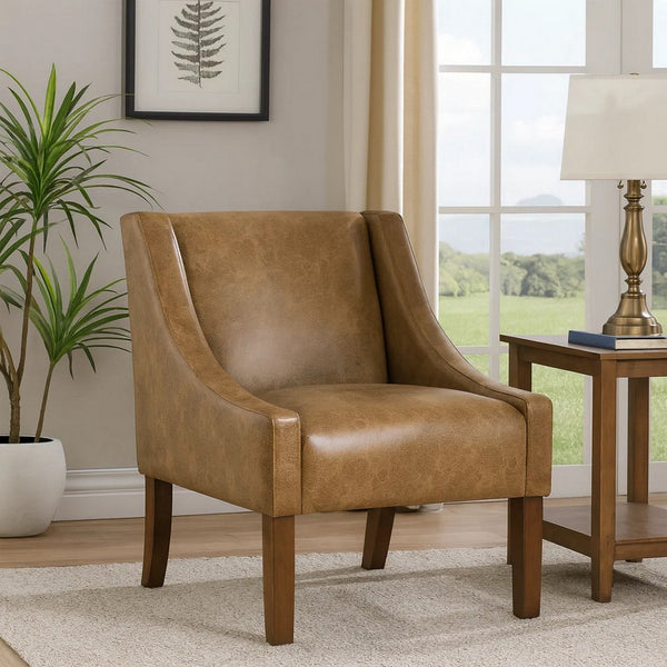 Accent Chair, Distressed Brown Faux Leather with Sloped Arms -BM334061