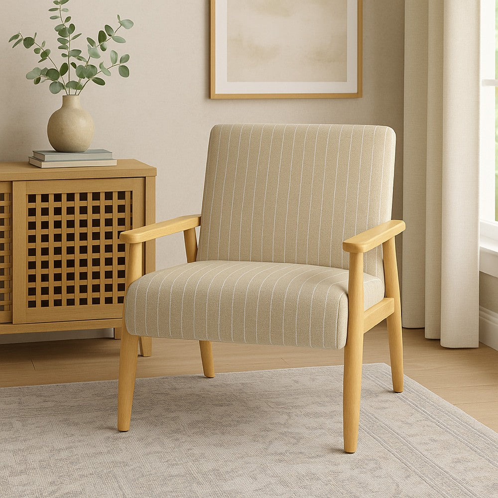Accent Armchair, Beige and White Stripe Pattern Fabric, Solid Wood -BM334081