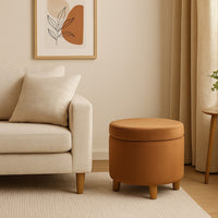 Gio Storage Ottoman, 19 Inch Round Lift Top, Spice Brown Velvet Fabric -BM334084