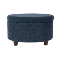 Modern Storage Ottoman, 28 Inch Round Lift Top, Navy Blue Woven Fabric -BM334094