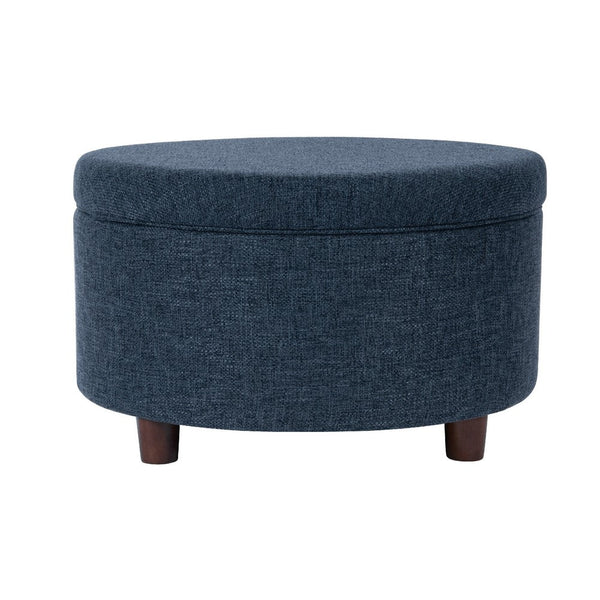 Modern Storage Ottoman, 28 Inch Round Lift Top, Navy Blue Woven Fabric -BM334094