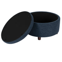 Modern Storage Ottoman, 28 Inch Round Lift Top, Navy Blue Woven Fabric -BM334094
