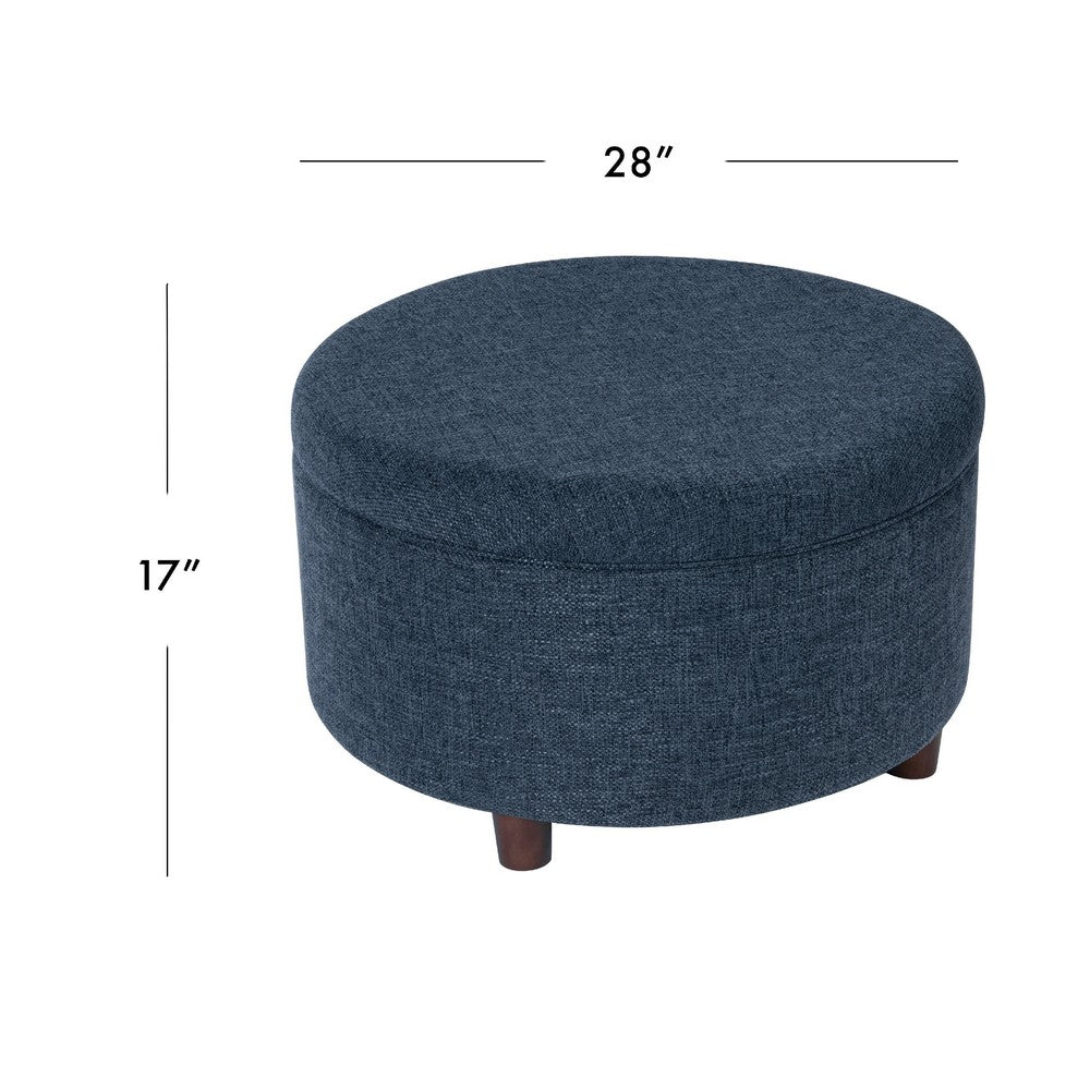 Modern Storage Ottoman, 28 Inch Round Lift Top, Navy Blue Woven Fabric -BM334094