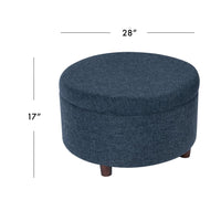 Modern Storage Ottoman, 28 Inch Round Lift Top, Navy Blue Woven Fabric -BM334094