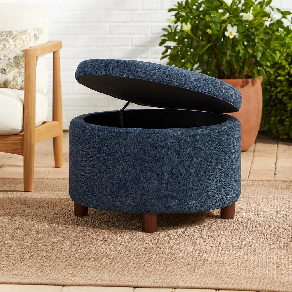 Modern Storage Ottoman, 28 Inch Round Lift Top, Navy Blue Woven Fabric -BM334094