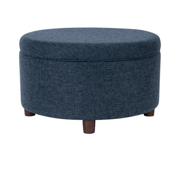 Modern Storage Ottoman, 28 Inch Round Lift Top, Navy Blue Woven Fabric -BM334094
