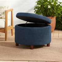 Modern Storage Ottoman, 28 Inch Round Lift Top, Navy Blue Woven Fabric -BM334094