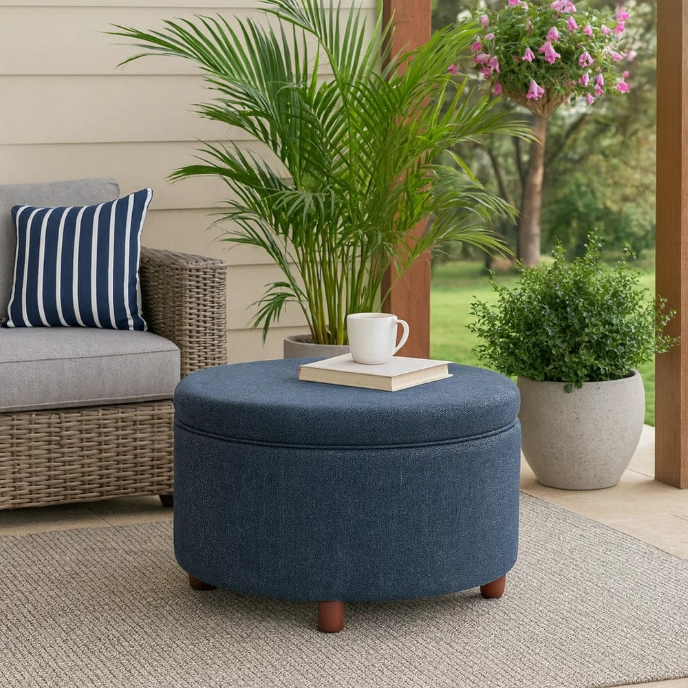 Modern Storage Ottoman, 28 Inch Round Lift Top, Navy Blue Woven Fabric -BM334094