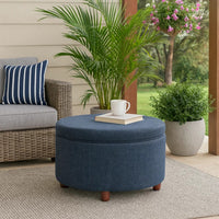 Modern Storage Ottoman, 28 Inch Round Lift Top, Navy Blue Woven Fabric -BM334094
