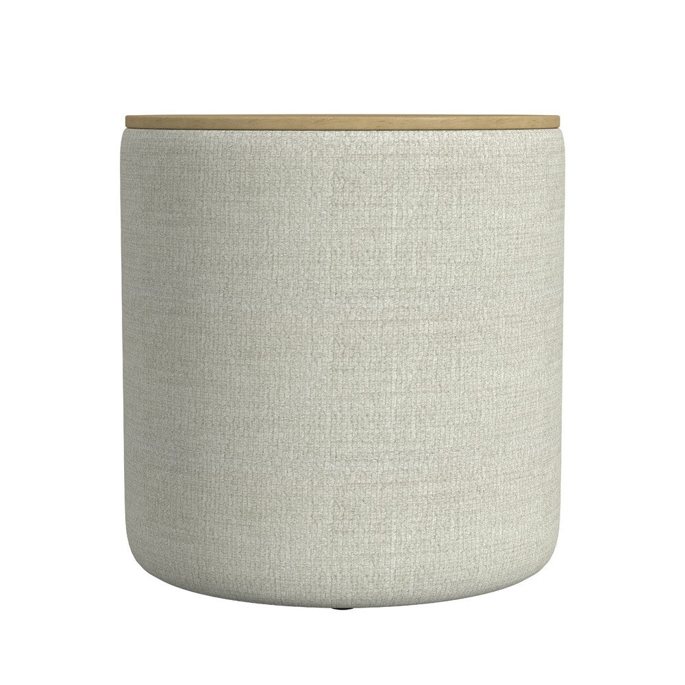 Mesy Storage Ottoman, Brown 19 Inch Round Tray Top, Gray Woven Fabric -BM334095