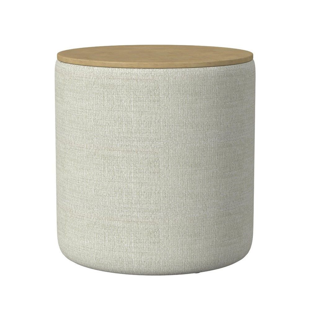Mesy Storage Ottoman, Brown 19 Inch Round Tray Top, Gray Woven Fabric -BM334095
