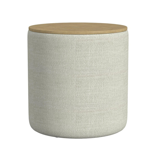 Mesy Storage Ottoman, Brown 19 Inch Round Tray Top, Gray Woven Fabric -BM334095