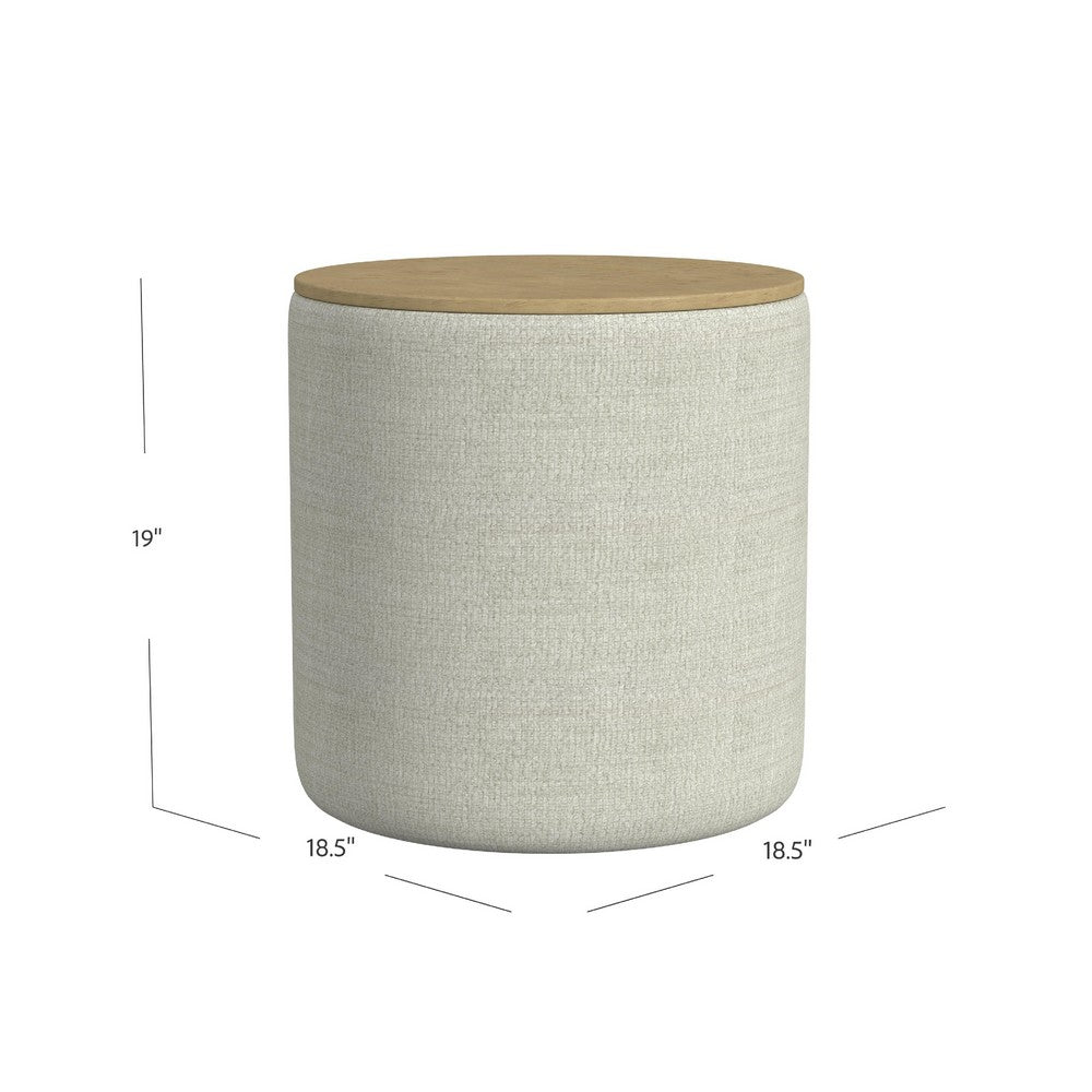 Mesy Storage Ottoman, Brown 19 Inch Round Tray Top, Gray Woven Fabric -BM334095