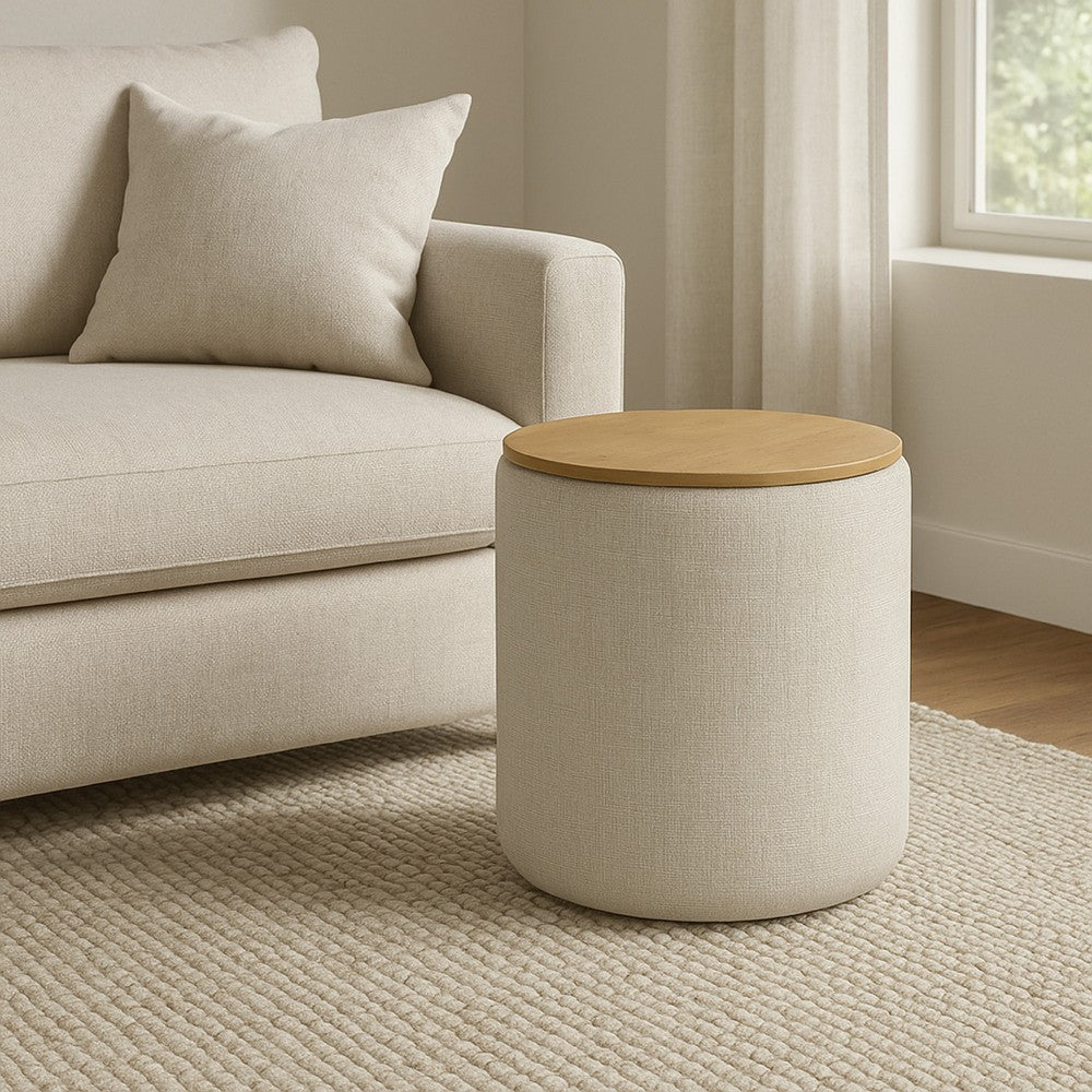Mesy Storage Ottoman, Brown 19 Inch Round Tray Top, Gray Woven Fabric -BM334095