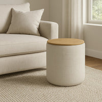 Mesy Storage Ottoman, Brown 19 Inch Round Tray Top, Gray Woven Fabric -BM334095