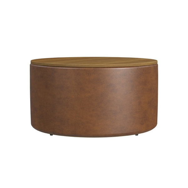 Mesy Storage Ottoman, 30 Inch Round Lift Tray Top, Brown Faux Leather -BM334096