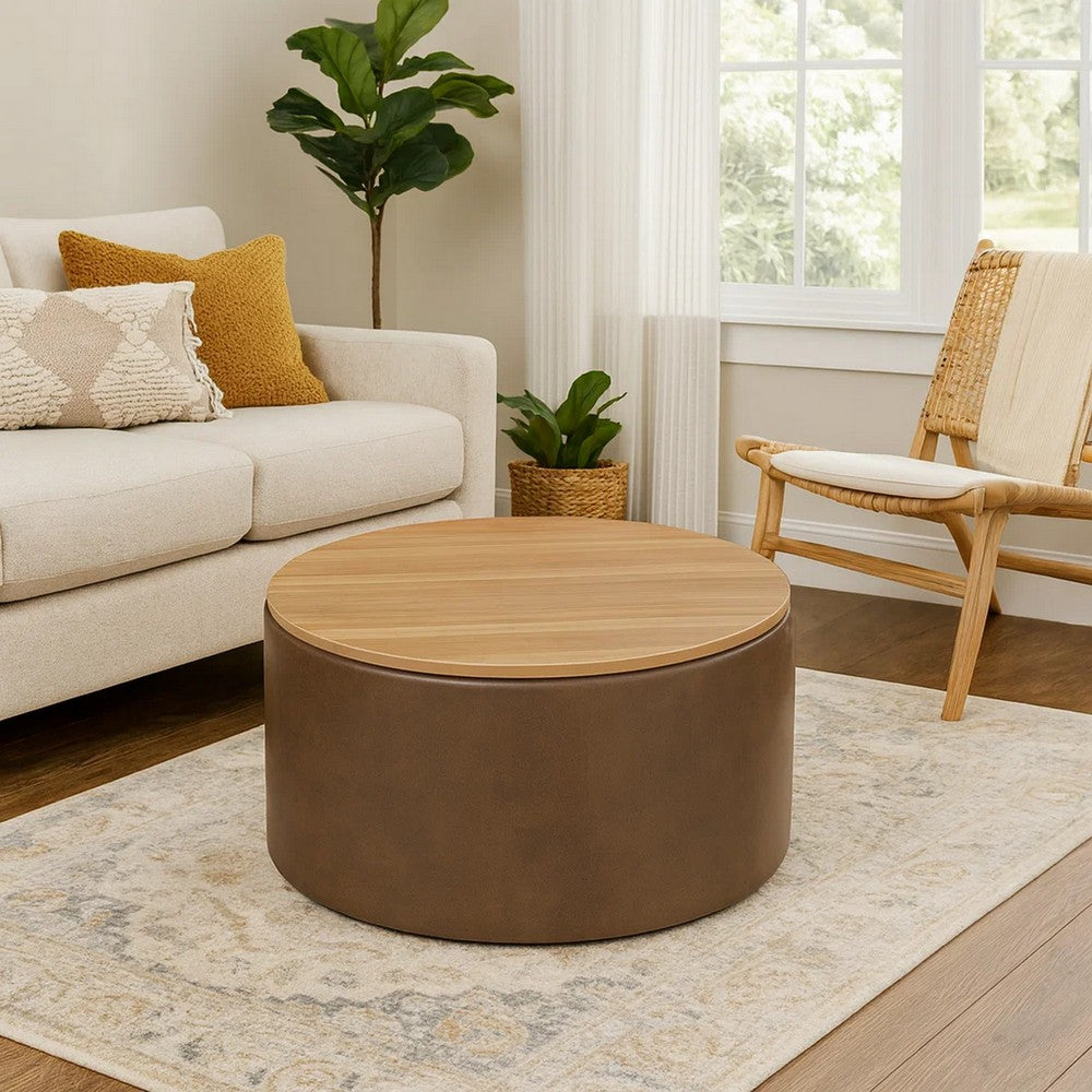 Mesy Storage Ottoman, 30 Inch Round Lift Tray Top, Brown Faux Leather -BM334096