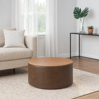 Mesy Storage Ottoman, 30 Inch Round Lift Tray Top, Brown Faux Leather -BM334096