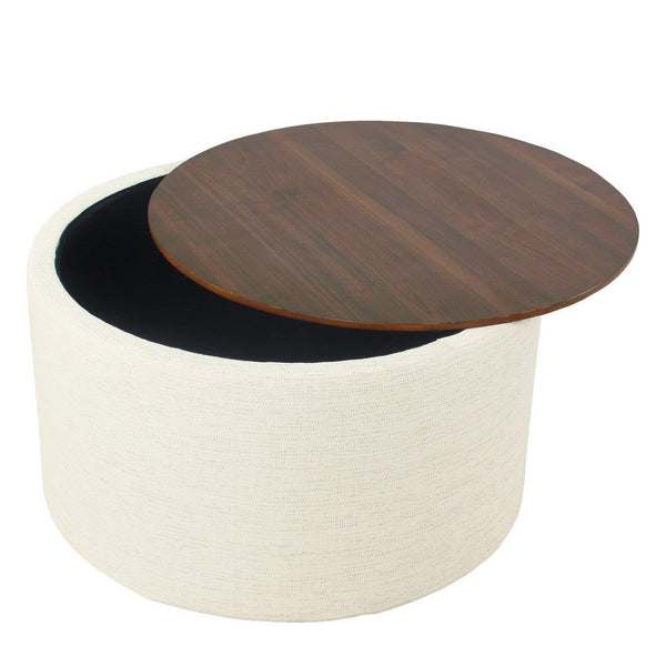 Mesy Storage Ottoman, 30 Inch Round Lift Tray Top, Ivory Woven Fabric -BM334097