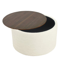 Mesy Storage Ottoman, 30 Inch Round Lift Tray Top, Ivory Woven Fabric -BM334097