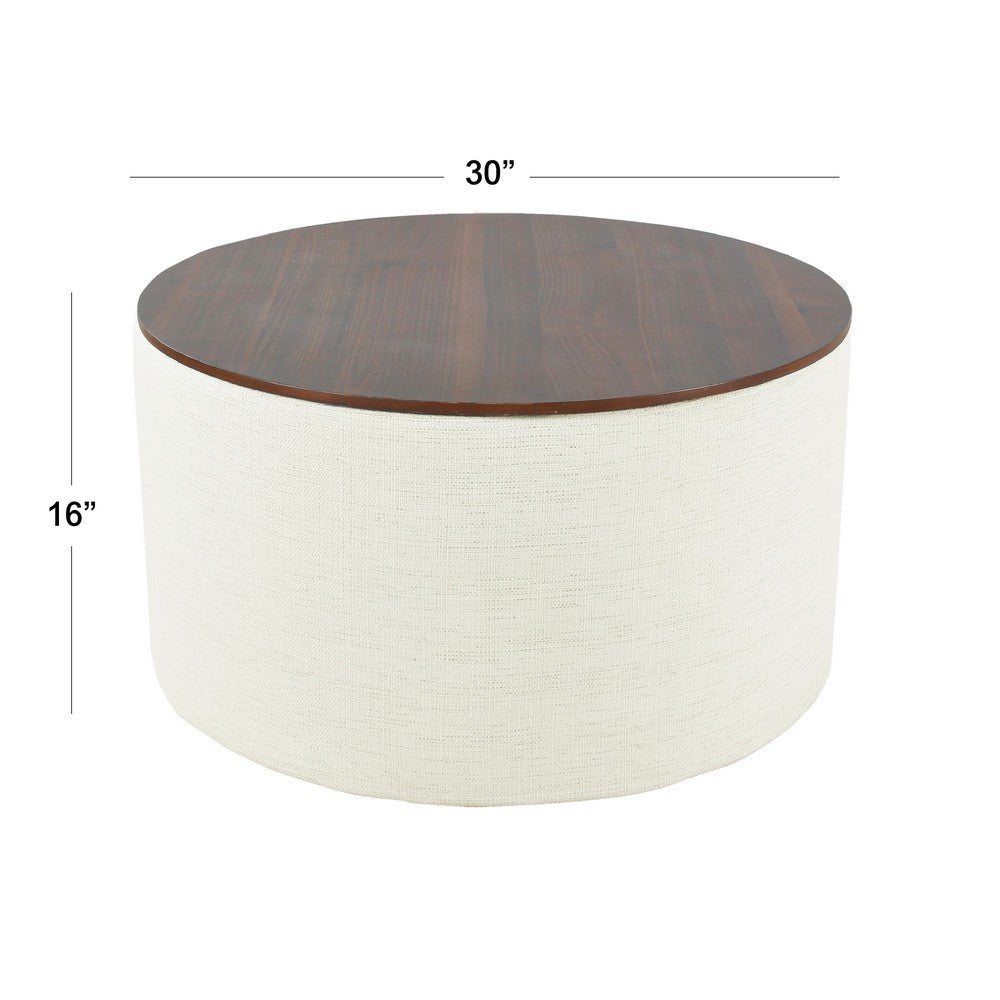 Mesy Storage Ottoman, 30 Inch Round Lift Tray Top, Ivory Woven Fabric -BM334097