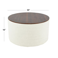 Mesy Storage Ottoman, 30 Inch Round Lift Tray Top, Ivory Woven Fabric -BM334097