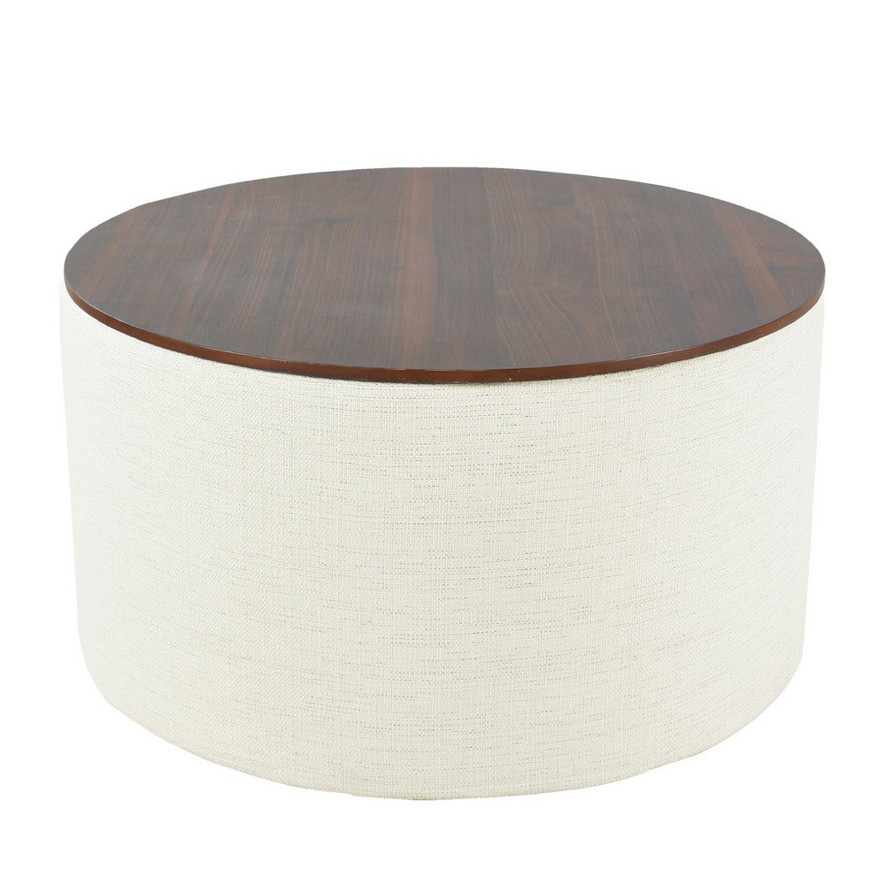 Mesy Storage Ottoman, 30 Inch Round Lift Tray Top, Ivory Woven Fabric -BM334097