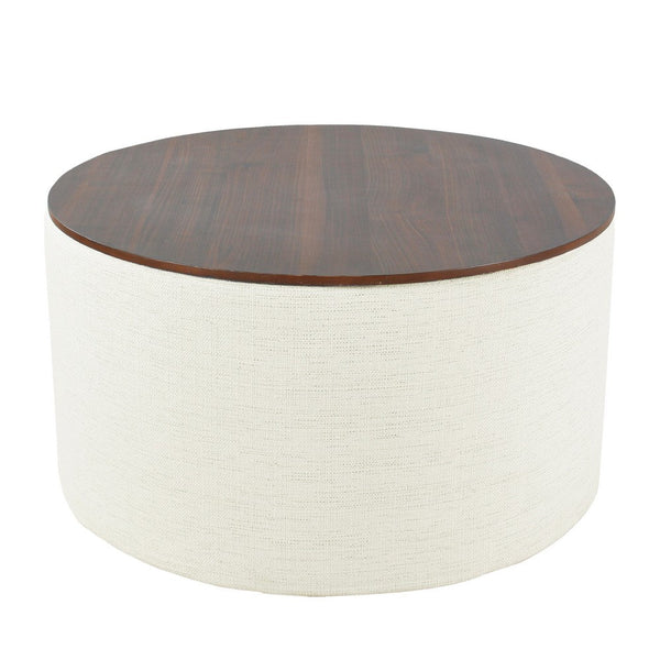 Mesy Storage Ottoman, 30 Inch Round Lift Tray Top, Ivory Woven Fabric -BM334097