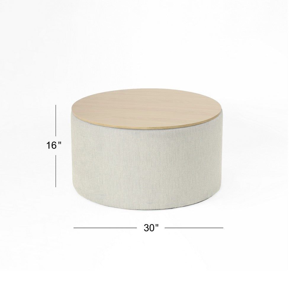 Mesy Storage Ottoman, 30 Inch Round Lift Tray Top, Light Gray Woven -BM334098