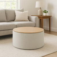 Mesy Storage Ottoman, 30 Inch Round Lift Tray Top, Light Gray Woven -BM334098